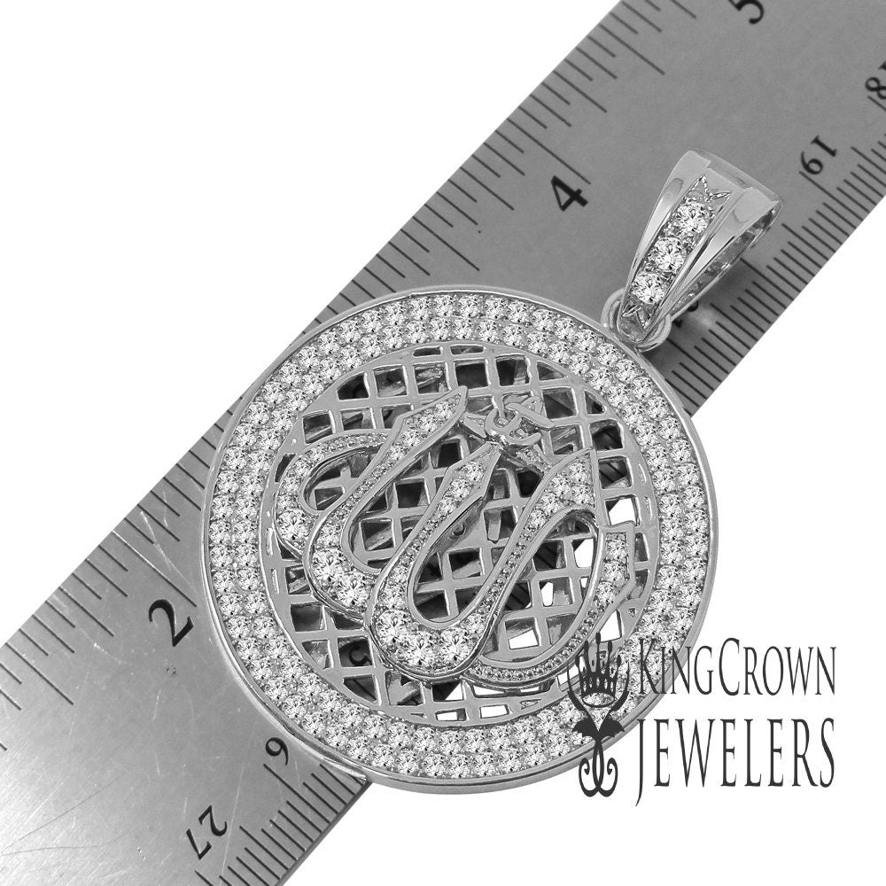 Real Genuine Sterling Silver 10K White Gold Finish Lab Diamonds Allah Islamic Pendent Charm Medallion 2.5''