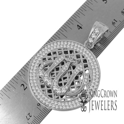 Real Genuine Sterling Silver 10K White Gold Finish Lab Diamonds Allah Islamic Pendent Charm Medallion 2.5''
