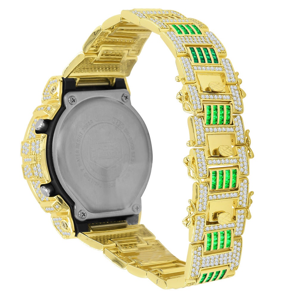 Mens Baguette Green Emerald 4K Yellow Gold Finish Casio G Shock Authentic DW-6900 Custom Digital Watch