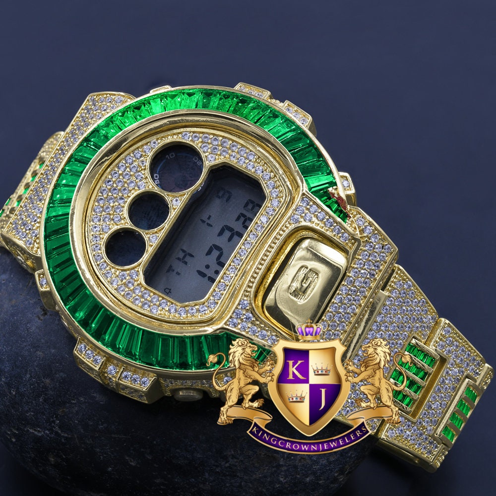 Mens Baguette Green Emerald 4K Yellow Gold Finish Casio G Shock Authentic DW-6900 Custom Digital Watch