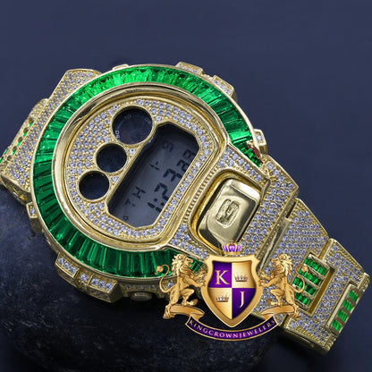 Mens Baguette Green Emerald 4K Yellow Gold Finish Casio G Shock Authentic DW-6900 Custom Digital Watch