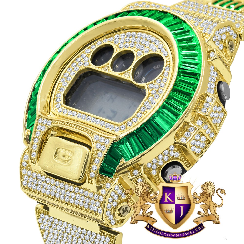 Mens Baguette Green Emerald 4K Yellow Gold Finish Casio G Shock Authentic DW-6900 Custom Digital Watch