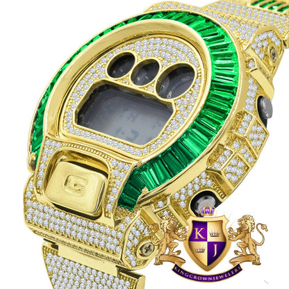 Mens Baguette Green Emerald 4K Yellow Gold Finish Casio G Shock Authentic DW-6900 Custom Digital Watch