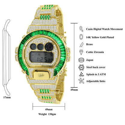 Mens Baguette Green Emerald 4K Yellow Gold Finish Casio G Shock Authentic DW-6900 Custom Digital Watch
