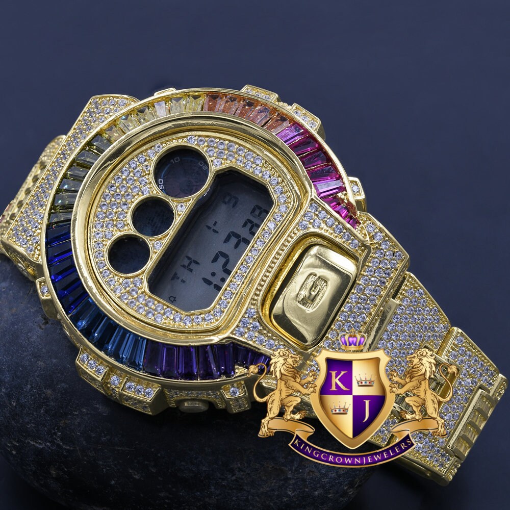 Mens Baguette Rainbow Multi Tone 14k Yellow Gold Finish Casio G Shock Authentic DW-6900 Custom Digital Watch