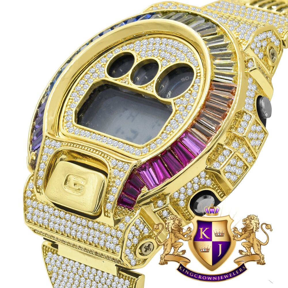 Mens Baguette Rainbow Multi Tone 14k Yellow Gold Finish Casio G Shock Authentic DW-6900 Custom Digital Watch
