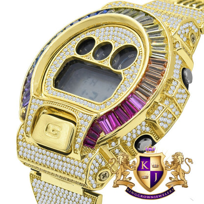 Mens Baguette Rainbow Multi Tone 14k Yellow Gold Finish Casio G Shock Authentic DW-6900 Custom Digital Watch
