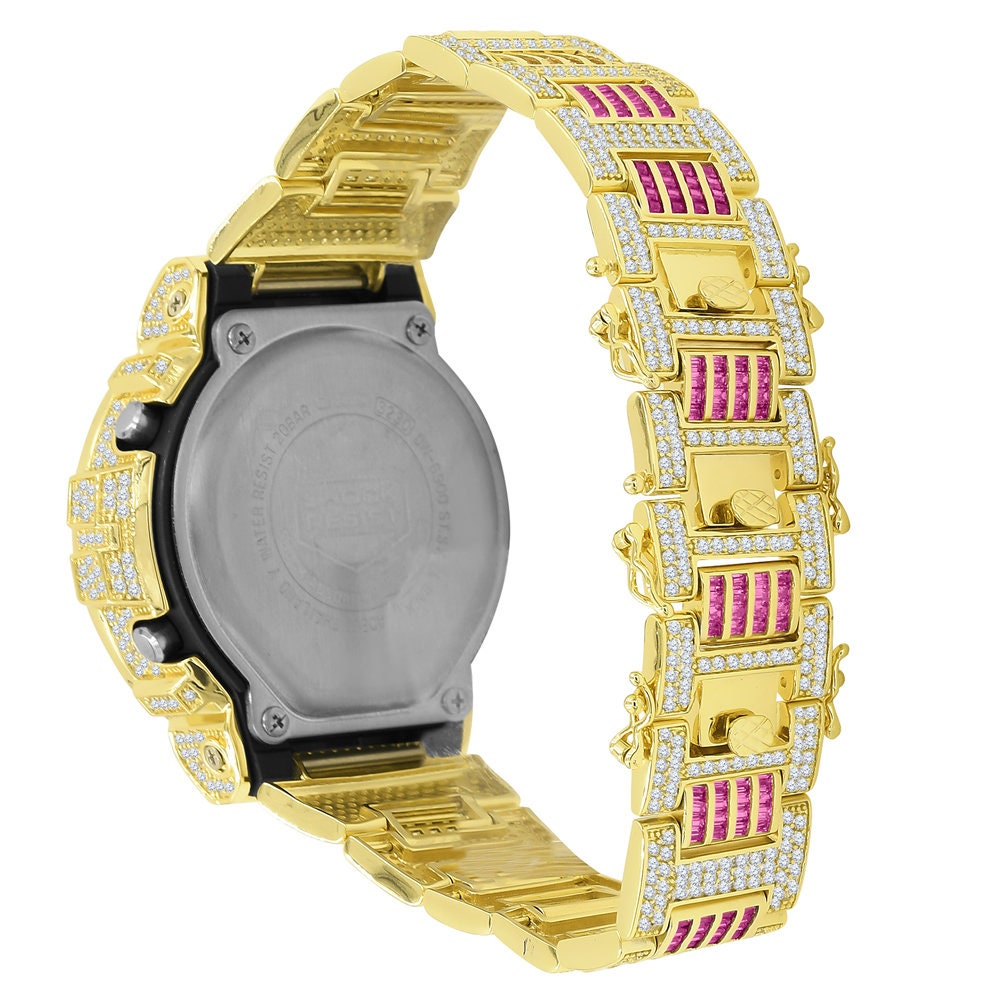 Mens Baguette Pink Tourmaline 14k Yellow Gold Finish Casio G Shock Authentic DW-6900 Custom Digital Watch