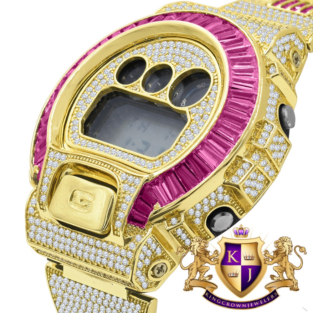 Mens Baguette Pink Tourmaline 14k Yellow Gold Finish Casio G Shock Authentic DW-6900 Custom Digital Watch