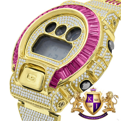 Mens Baguette Pink Tourmaline 14k Yellow Gold Finish Casio G Shock Authentic DW-6900 Custom Digital Watch