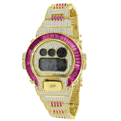 Mens Baguette Pink Tourmaline 14k Yellow Gold Finish Casio G Shock Authentic DW-6900 Custom Digital Watch