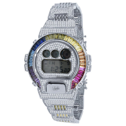 Baguette Multi Rainbow 14K White Gold Casio G Shock Authentic DW-6900 Mens Digital Custom Watch