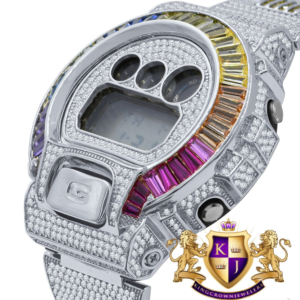 Baguette Multi Rainbow 14K White Gold Casio G Shock Authentic DW-6900 Mens Digital Custom Watch