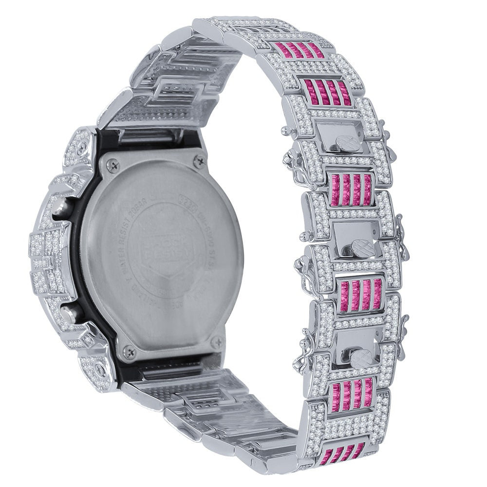 Baguette Pink Tourmaline White Gold Casio G Shock Authentic DW-6900 Custom Watch