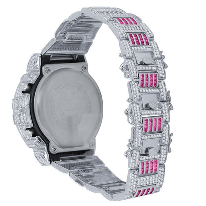 Baguette Pink Tourmaline White Gold Casio G Shock Authentic DW-6900 Custom Watch