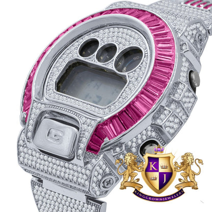 Baguette Pink Tourmaline White Gold Casio G Shock Authentic DW-6900 Custom Watch