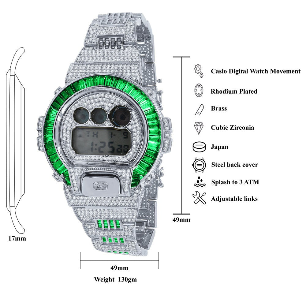 Baguette Green Emerald White Gold Casio G Shock Authentic DW-6900 Custom Watch