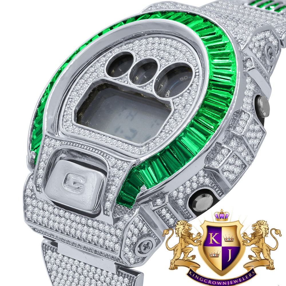 Baguette Green Emerald White Gold Casio G Shock Authentic DW-6900 Custom Watch
