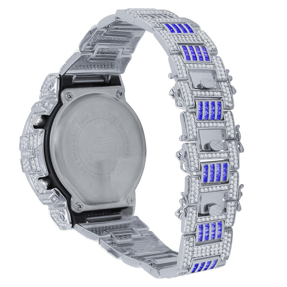 Baguette Blue Sapphire White Gold Casio G Shock Authentic DW-6900 Custom Watch