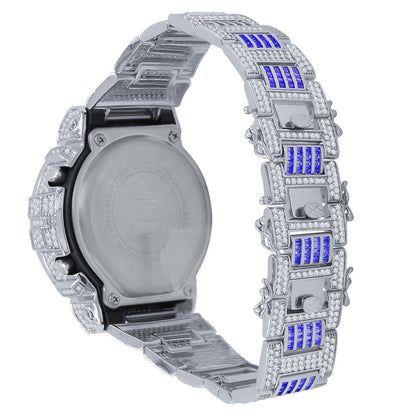 Baguette Blue Sapphire White Gold Casio G Shock Authentic DW-6900 Custom Watch