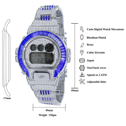 Baguette Blue Sapphire White Gold Casio G Shock Authentic DW-6900 Custom Watch