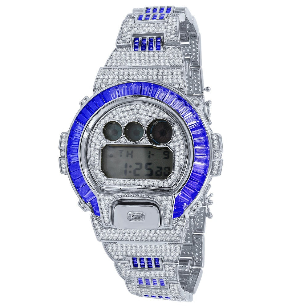 Baguette Blue Sapphire White Gold Casio G Shock Authentic DW-6900 Custom Watch
