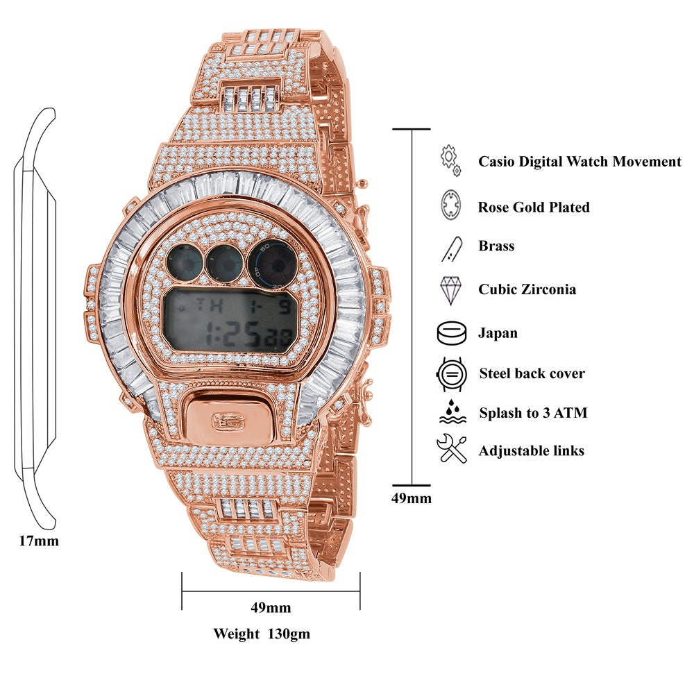 Baguette 14K Rose Gold Casio Digital G Shock Authentic DW-6900 Custom Mens Digital Watch