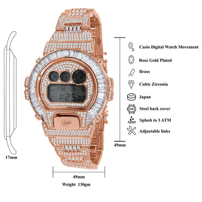 Baguette 14K Rose Gold Casio Digital G Shock Authentic DW-6900 Custom Mens Digital Watch