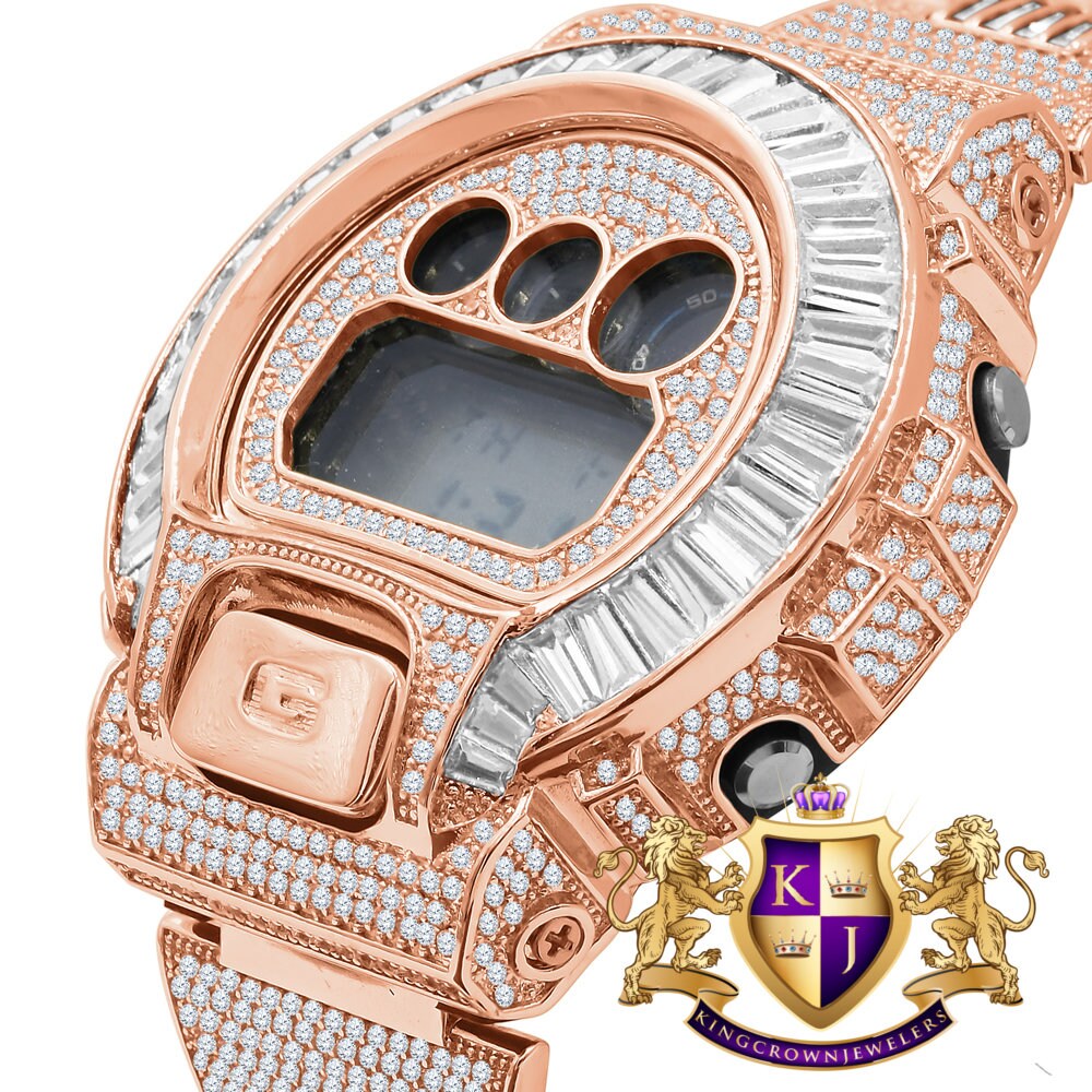 Baguette 14K Rose Gold Casio Digital G Shock Authentic DW-6900 Custom Mens Digital Watch