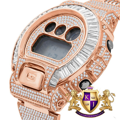 Baguette 14K Rose Gold Casio Digital G Shock Authentic DW-6900 Custom Mens Digital Watch