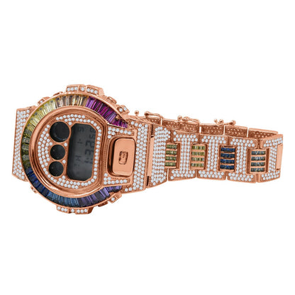 Mens Baguette Rainbow Multi Rose Gold Finish Casio G Shock Authentic DW-6900 Custom Watch