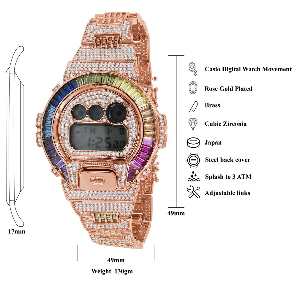 Mens Baguette Rainbow Multi Rose Gold Finish Casio G Shock Authentic DW-6900 Custom Watch