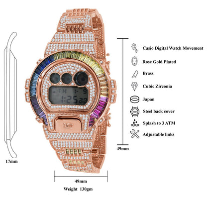 Mens Baguette Rainbow Multi Rose Gold Finish Casio G Shock Authentic DW-6900 Custom Watch