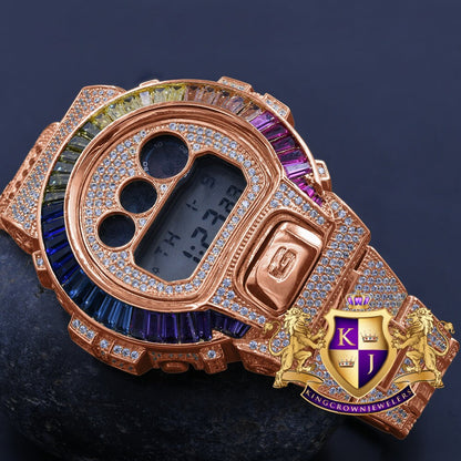 Mens Baguette Rainbow Multi Rose Gold Finish Casio G Shock Authentic DW-6900 Custom Watch