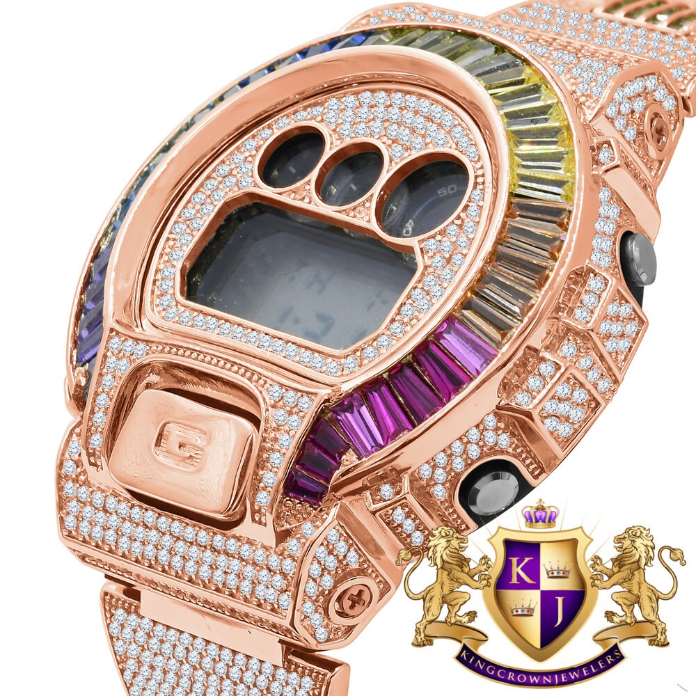 Mens Baguette Rainbow Multi Rose Gold Finish Casio G Shock Authentic DW-6900 Custom Watch