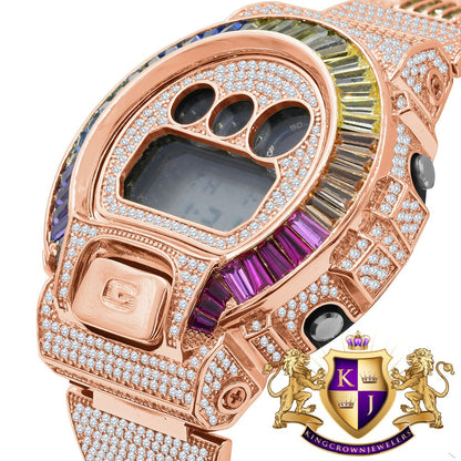 Mens Baguette Rainbow Multi Rose Gold Finish Casio G Shock Authentic DW-6900 Custom Watch