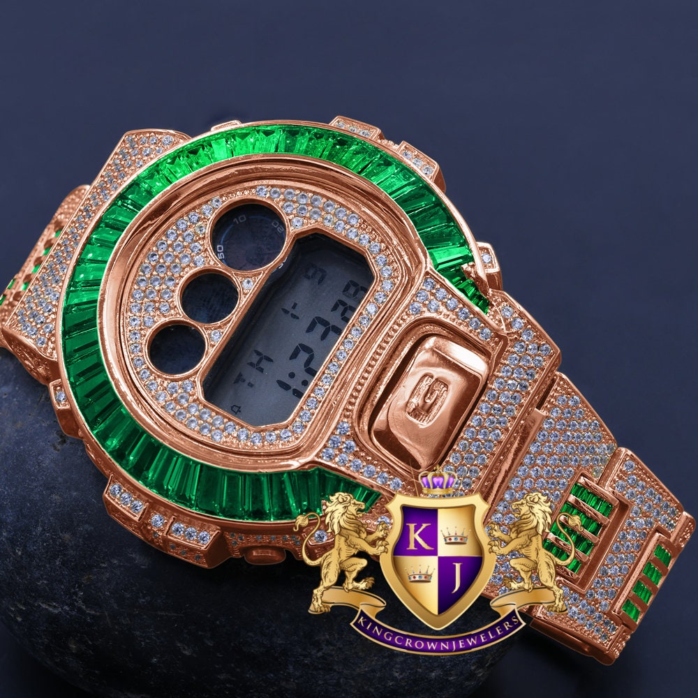 Baguette Green Emerald Rose Gold Casio G Shock Authentic DW-6900 Mens Custom Watch