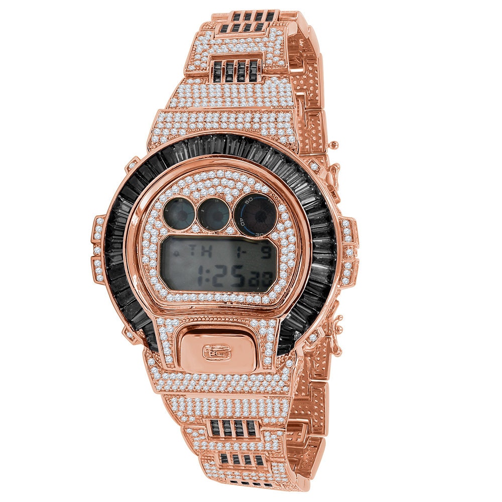 Baguette Black Onyx Rose Gold Tone Casio G Shock Authentic DW-6900 Custom Watch