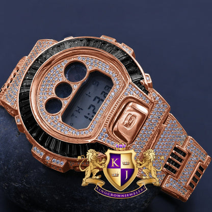 Baguette Black Onyx Rose Gold Tone Casio G Shock Authentic DW-6900 Custom Watch