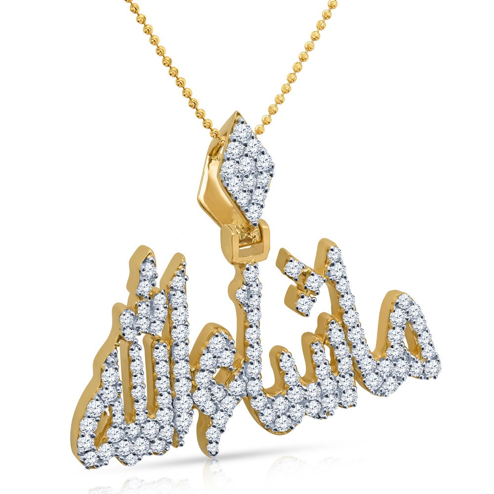 14k Gold On Real Sterling Silver Simulated Diamond Allah God Muslim Charm Mashaalah Mini Pendant Chain Set Unisex