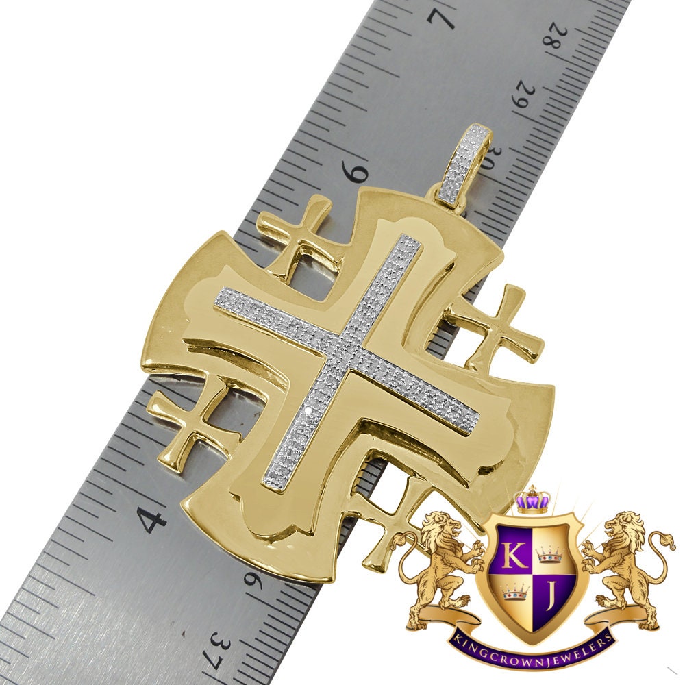 Mens Real Genuine Diamond Jerusalem Cross Pendent Charm 10K Yellow Gold Finish 2.35''