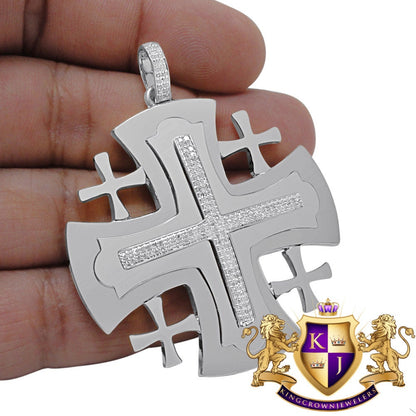 Mens Real Genuine Diamond Jerusalem Cross Pendent Charm 10K White Gold Finish 2.35''