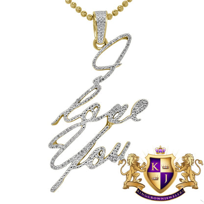 Real Genuine Diamond I LOVE YOU Name Plate Pendant Charm+ Chain 10k Yellow Gold Finish