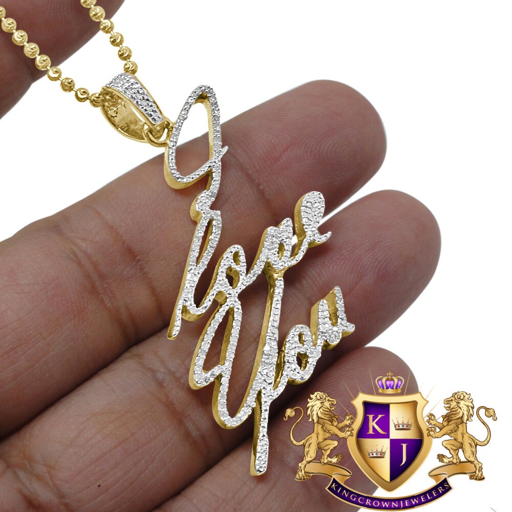 Real Genuine Diamond I LOVE YOU Name Plate Pendant Charm+ Chain 10k Yellow Gold Finish