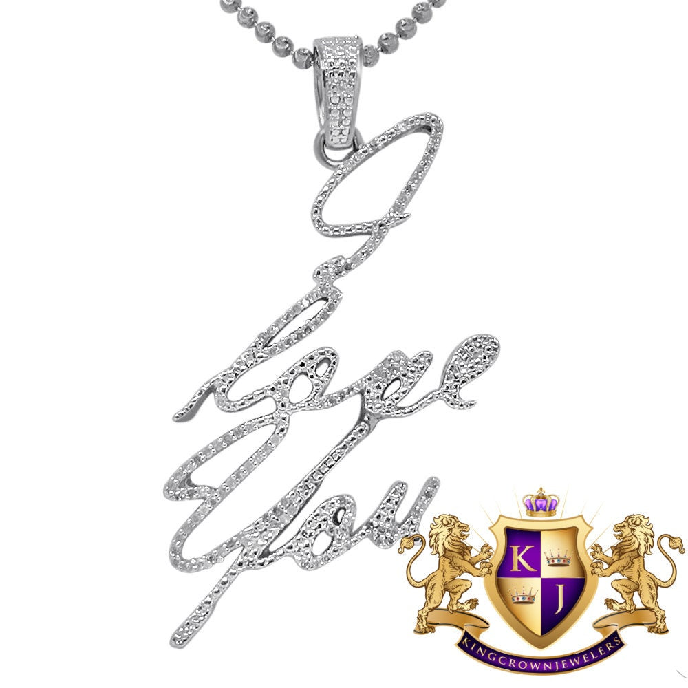 Real Genuine Diamond I LOVE YOU Name Plate Pendant Charm+ Chain 10k White Gold Finish