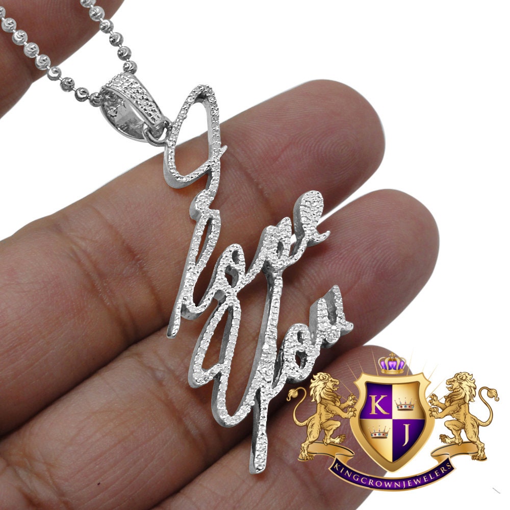 Real Genuine Diamond I LOVE YOU Name Plate Pendant Charm+ Chain 10k White Gold Finish