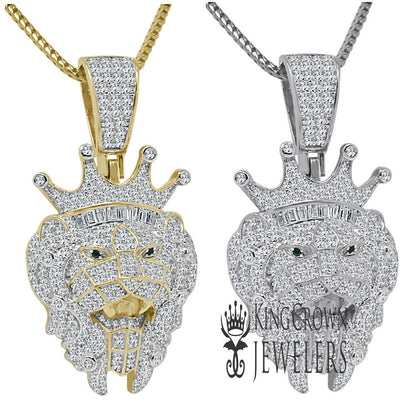 Real Genuine Sterling Silver 2.25 Cwt. Simulated Diamond 14K Gold Over Lion Crown Head Green Emerald Eye Pendant Charm Chain Neckless Set