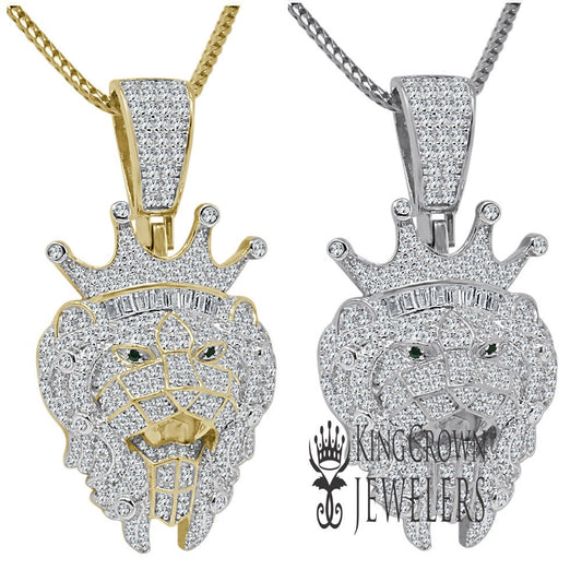 Real Genuine Sterling Silver 2.25 Cwt. Simulated Diamond 14K Gold Over Lion Crown Head Green Emerald Eye Pendant Charm Chain Neckless Set