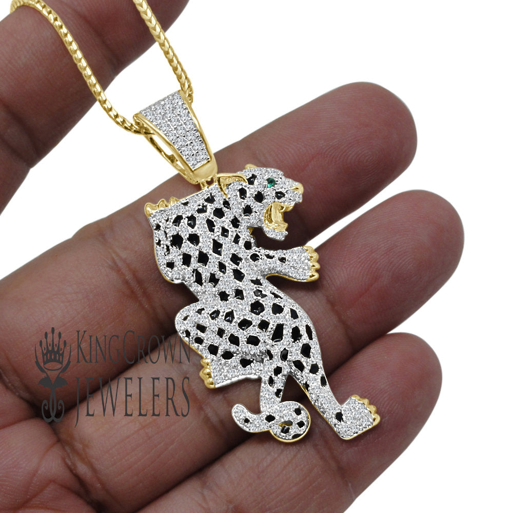 3D Real Genuine Sterling Silver 14K Gold On Simulated Diamond Tiger Cheetah Cougar Panther Jaguar Lion Diamond Pendant Charm Chain Neckless