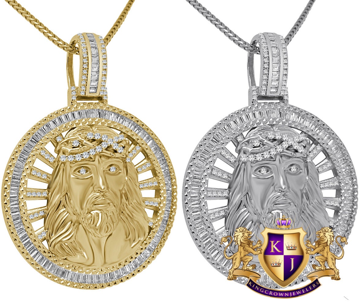 Baguette Real Sterling Silver Jesus Face Medallion 10K Gold Finish Charm Pendent Chain Set